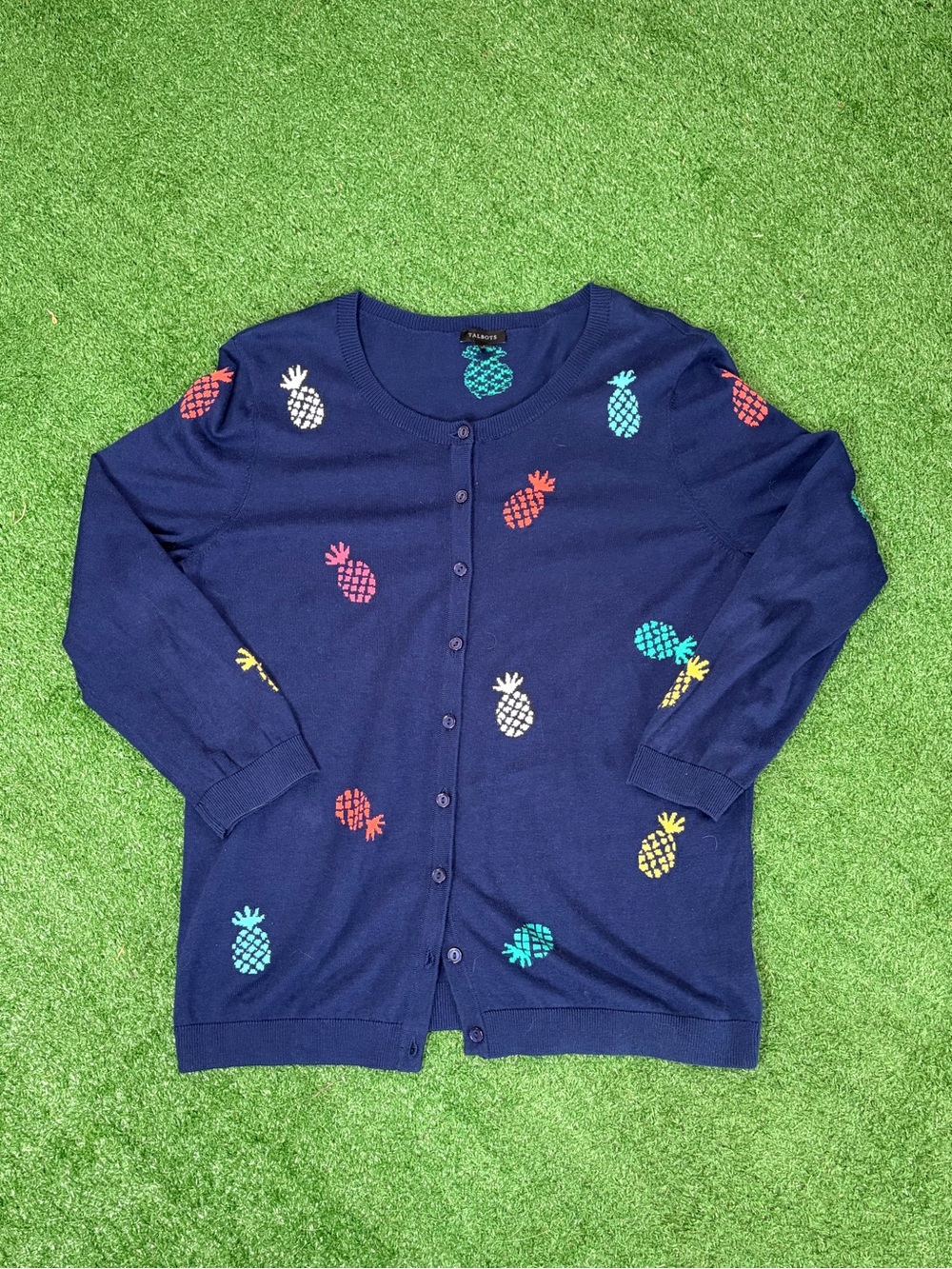 Talbots Navy Cardigan with Teal Pineapple Embroidery